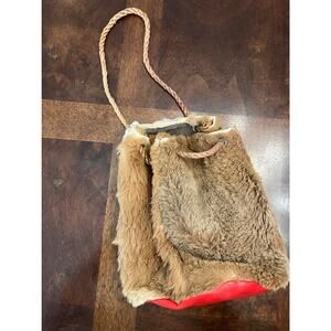 Vintage Fur Hide Bucket Bag Red Leather Base Braided Rope Handle